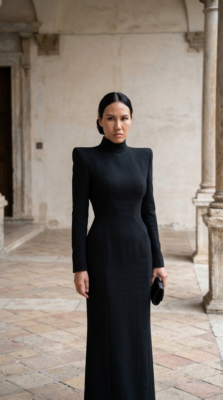 Goddess Junebelle in a sculptural black evening dress